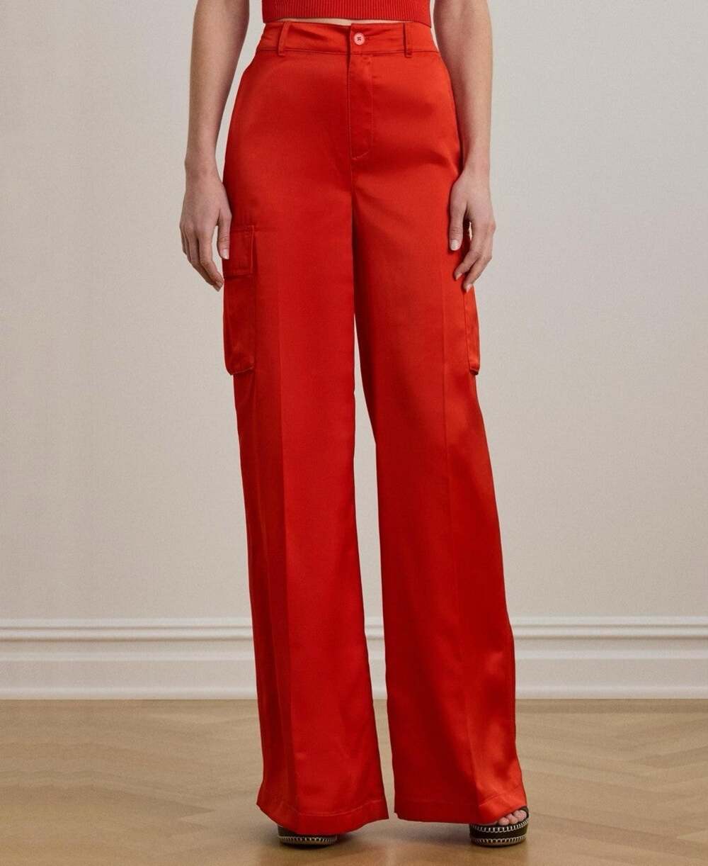 Skies Are Blue High Waisted Wide Leg Red Satin Cargo Pants Womens Large NEW